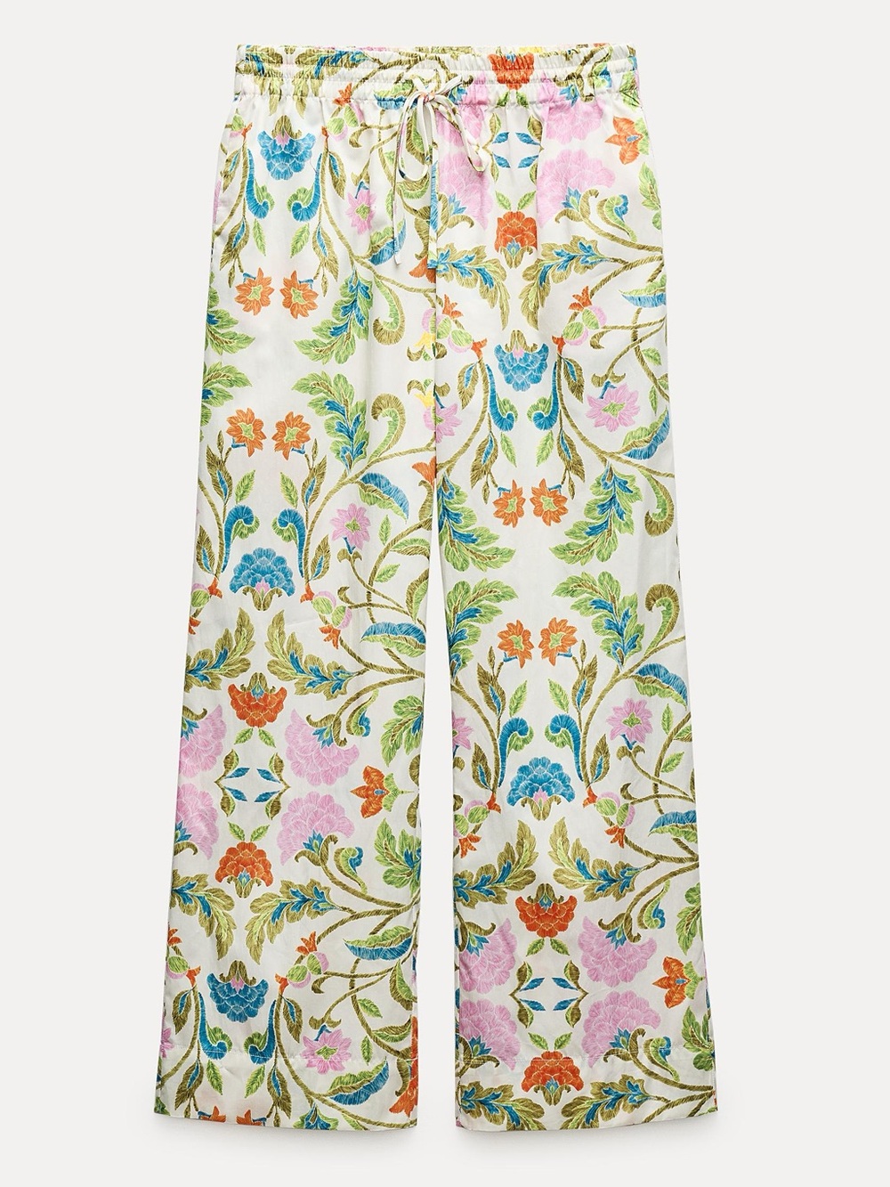 ZARA Floral Wide-Leg Cotton Pants - White Ground with Multicolor Florals
